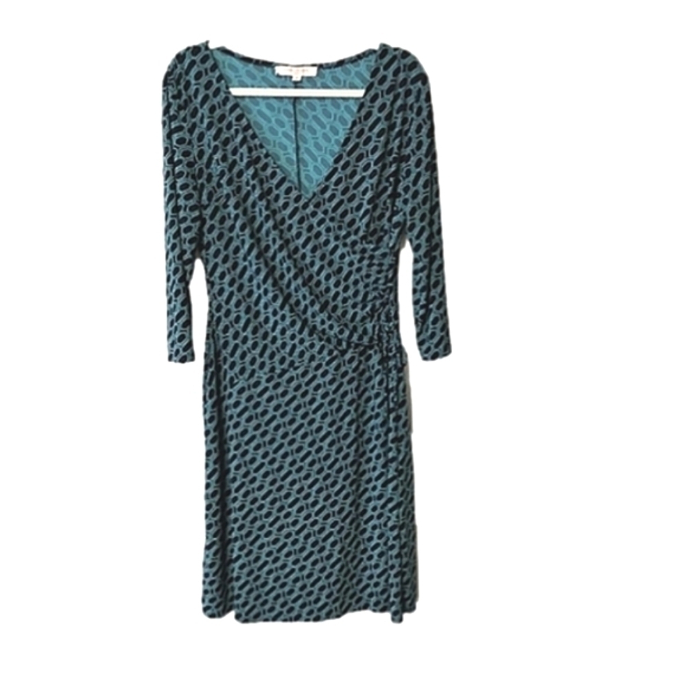 Evan Picone Navy & Turquoise Geometric Print Faux Wrap Figure Flattering Dress M